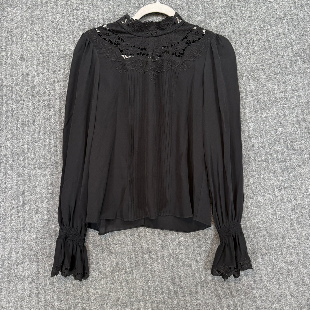 ME+EM Blouse Womens 4 Black Silk Lace High Neck Pleat Victorian Romantic Elegant
